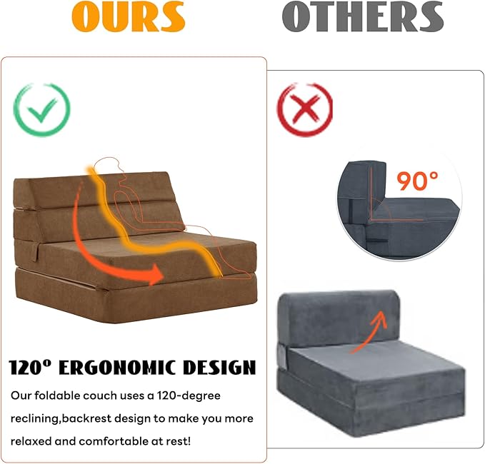 jela Foldable Sofa Bed Large Soft Foam Convertible Sleeper Chair Luxury Miss Fabric Fold Out Chair Bed Floor Couch with Back Support Floor Sofa for Living Room Bedroom (83x33Coffee Brown)