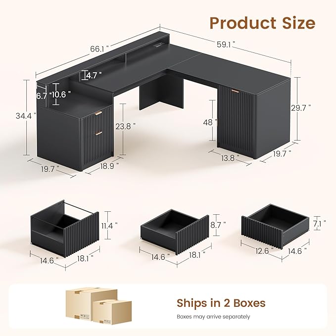 SEDETA 66 Modern L Shaped Desk with Drawers Fluted Home Office Desk with File Cabinet and Printer Shelf Wood Executive Desk with Monitor Stand Led Lights Power Outlets Black