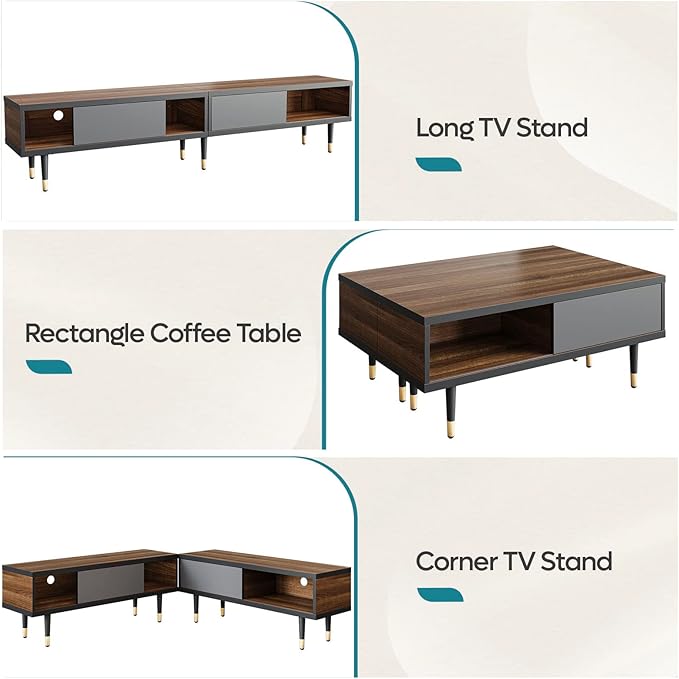 Bestier Mid Century Modern TV Stand for 85 inch tv Entertainment Center with Storage and Sliding Doors 2 in 1 Long TV Cabinet for Living Room Ancona Walnut