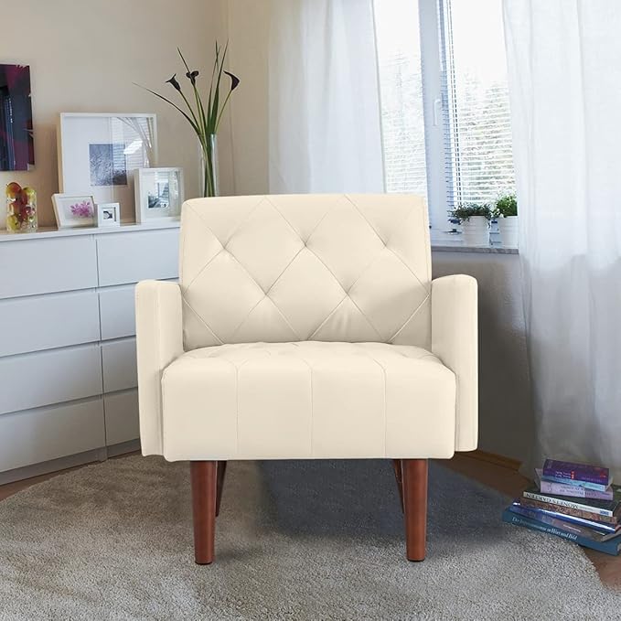 Faux Leather Accent Chair Modern Retro Arm Chair for Living Room and Bedroom Tufted Upholstered Sofa Club Chair Comfy Armchair for Small Spaces Bedroom Office (Beige)