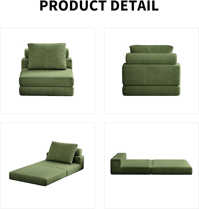 Folding Sofa Bed 3-in-1 Convertible Sleeper Chair Bed with Pillows Foldable Floor Couch with High-Density Foam Futon Small Boneless Couch for Living Room Bedroom Lounge Single Green
