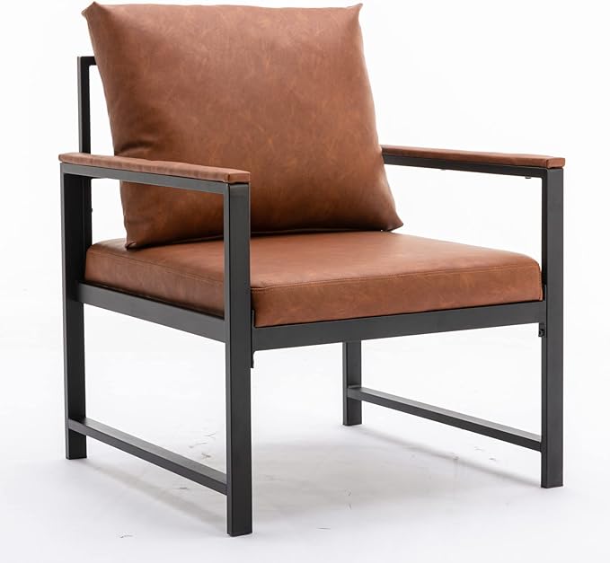 Generic FurnitureModern Faux Leather Accent Chair with Black Powder Coated Metal Frame Single Sofa for Living Room Bedroom Orange