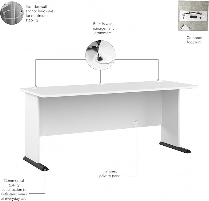 Bush Business Furniture Studio A 72W Computer Desk in White 6 Foot Gaming and Work Table for Home or Professional Office
