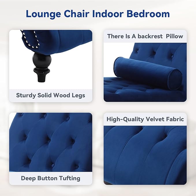 Velvet Chaise Lounge Chair Indoor Comfy Upholstered Chaise Lounge with Pillow and Solid Wood Legs Button Tufted Leisure Sofa Recliner for Living Room Bedroom Office Apartment (Blue)