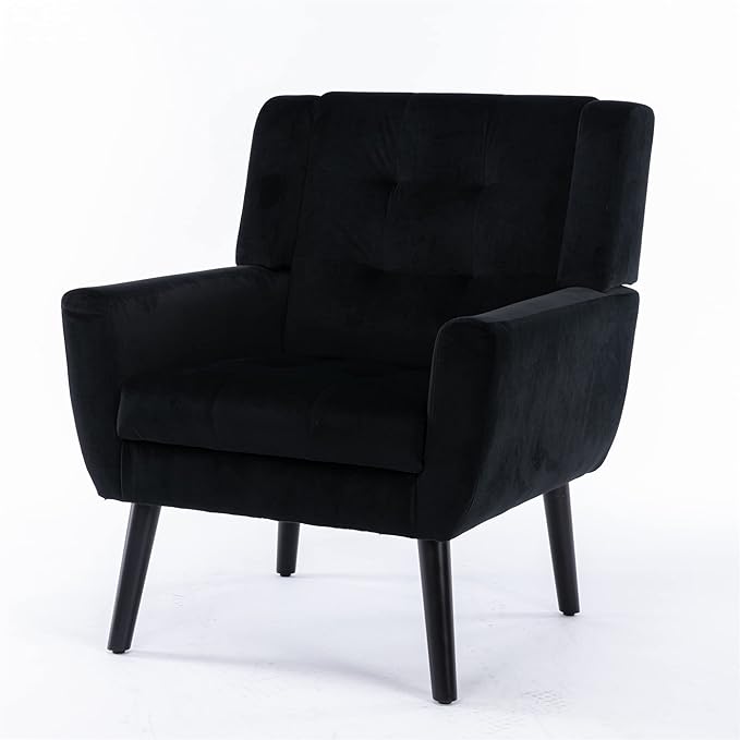 Living Room Chairs Modern Upholstered Accent Chair Armchair Velvet Fabric Reading Chair Single Sofa with Wood Legs for Living Room Bedroom Indoor Home Black