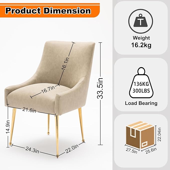 Dining Room Chair Faux Leather Vanity Chairs Set of 2 Mid-Century with Metal Legs Upholstered PU Leather Luxury Accent Chairs Living Room Restaurant(Dark Apricot)