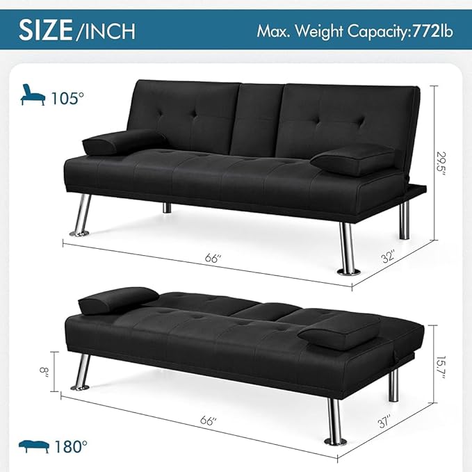 Modern Futon Sofa Bed 67 Inch Leather Convertible Futon Couch Loveseat Sleeper for Small SpacesComfy Folding Recliner Couches for Living Room Adjustable Backrest2 Cup HoldersMetal Legs (BLACK)
