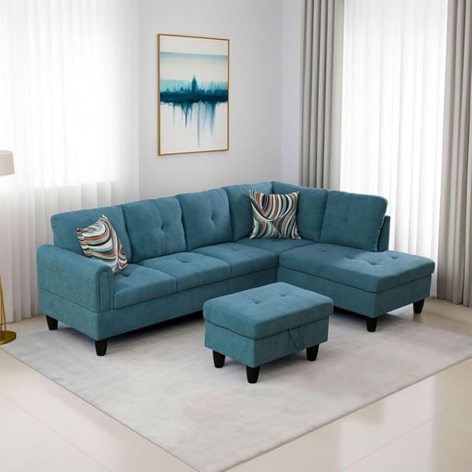 Green L-Shaped 3-Piece Flannel Sofa with Storage Ottoman Set Sectional Couch Sofa Set for Living Room Office Small Space