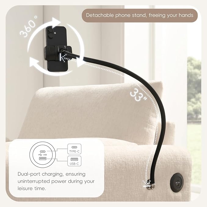 Oversized Accent Sofa Chair with Ottoman Chaise Lounge Chair with Phone Holder USB Charger Side Pockets Chenille Reading Armchair for Living Room Bedroom (Beige)