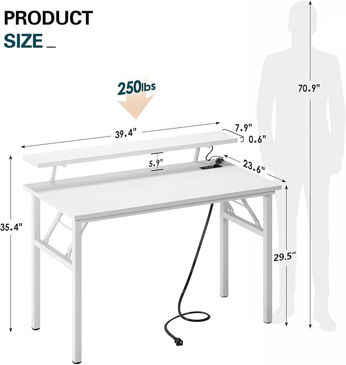 SogesGame Folding Desk 39.4 Inch Foldable Computer Desks with LED Lights and Monitor Stand Work Portable Table for Bedroom Home Office White