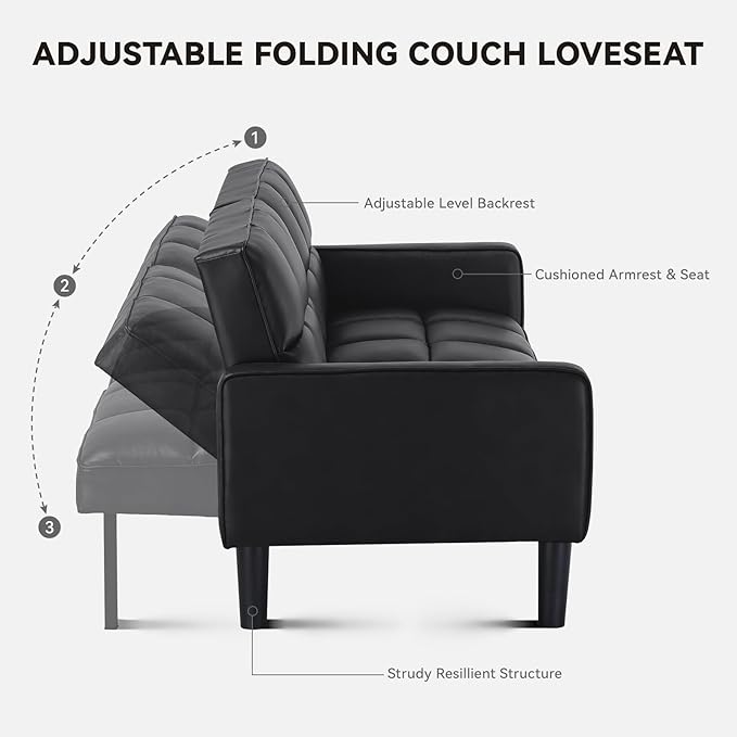 COMHOMA 76 inch Futon Sofa BedMid Century Modern Futon Couch with Adjustable BackrestFabric Convertible Sofa CamaFolding Sleeper Sofa for Living RoomBedroom (Black)