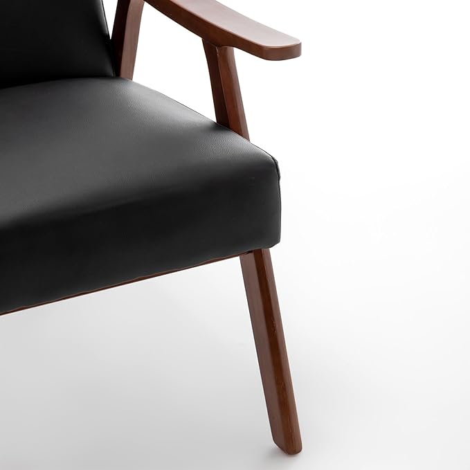 Mid Century Accent Chair Boho Farmhouse Accent Chairs for Living Room Retro Single Lounge Reading Armchair with Solid Wood Frame (Faux Leather in Black)