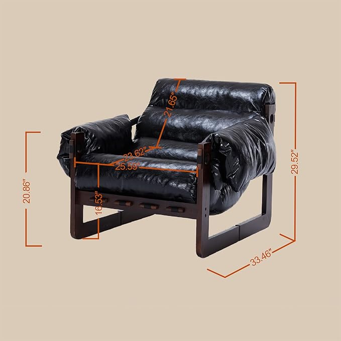 Mid-Century Modern Lounge Accent Chair Oil Waxed Leather Comfy Armchair with Thicked Cushion &amp Removable Armrests Upholstered Cozy Sofa Chairs for Living Room Bedroom Apartment Offices(Black)