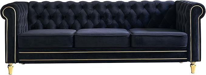 Homtique 84 Modern Couch for Living Room 3 Seater Comfy Velvet Sofa with Button Tufted Rolled Arms and Gold Legs Chesterfield Sofa for Home/Office Bedroom Black