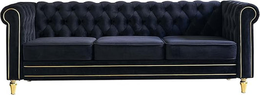 Homtique 84 Modern Couch for Living Room 3 Seater Comfy Velvet Sofa with Button Tufted Rolled Arms and Gold Legs Chesterfield Sofa for Home/Office Bedroom Black
