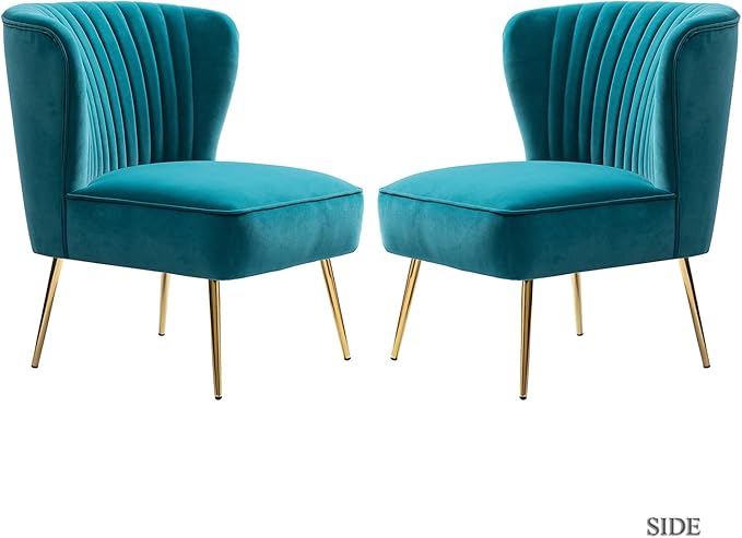 TINA'S HOME Monica Velvet Armless Side Chair Set of 2 Upholstered Accent Chair Comfy Living Room Chair with Golden Legs Wingback Mid Century Slipper Chair for Bedroom Guest Room- Blue