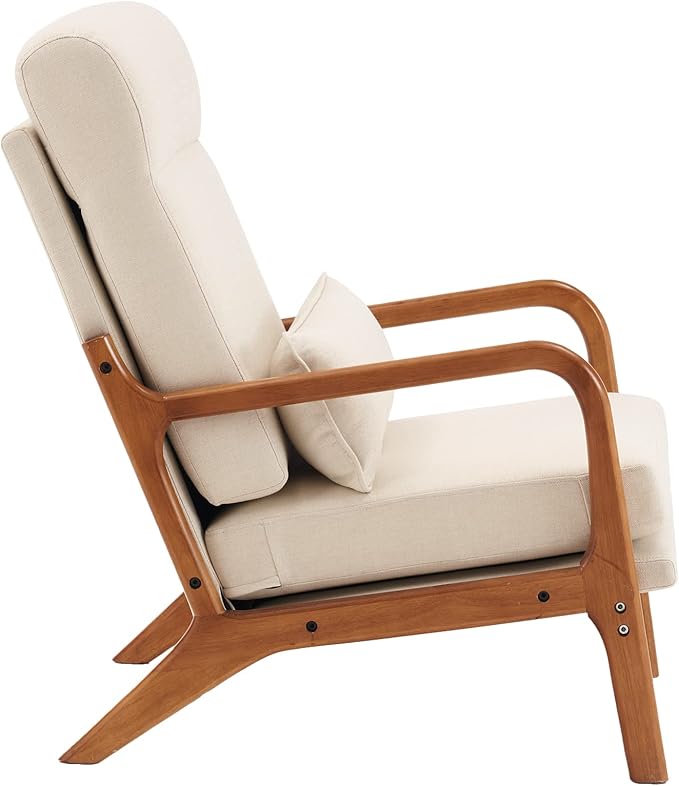 Mid-Century Modern Accent Chair with CushionHigh Back Solid Wood Armrest Chairs Backrest Linen Fabric Indoor Leisure Chair for Living RoomBedroomReadingBalcony (Beige)