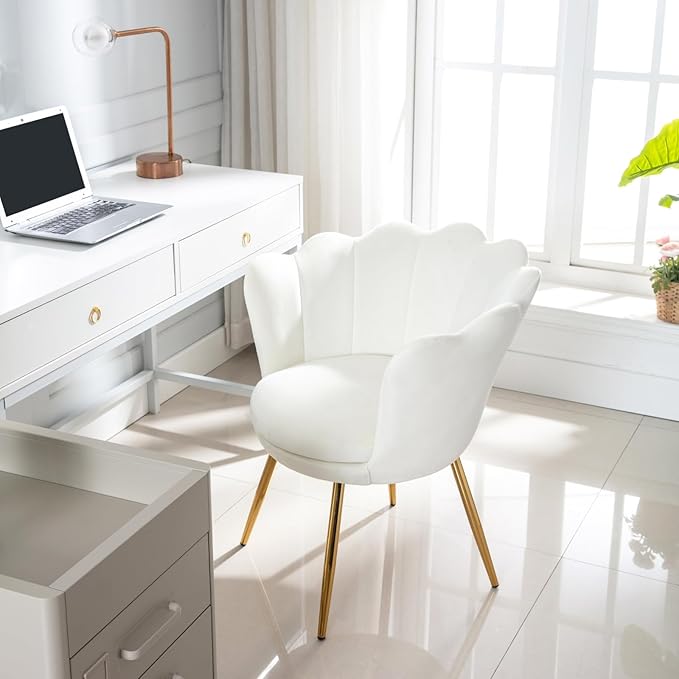 chairus Cream White Makeup Vanity Chair with Back Small Modern Velvet Upholstered Accent Chair with Gold Metal Legs Cute Shell Shaped Vanity Stool Desk Chair for Living Room Bedroom Dressing Room