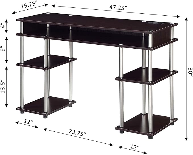 Convenience Concepts Designs2Go No Tools Student Desk with Charging Station and Shelves Espresso