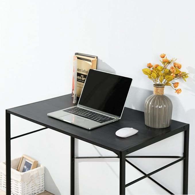 FurnitureR Modern Writing Desk with Metal Base 31/39 Inches Home Office Desk Compact Computer Desk Working Station Simple Style Study Table (39 Inch Black)