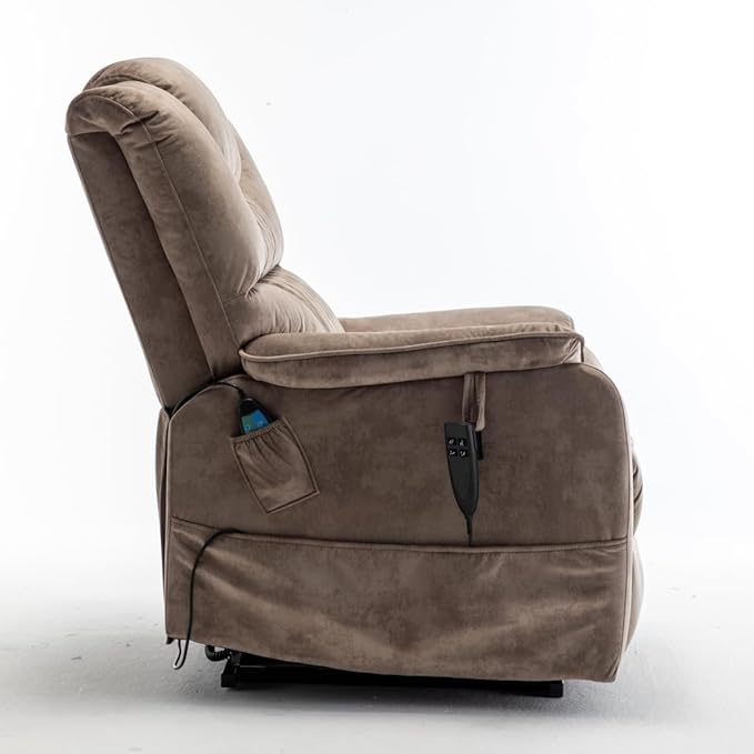 Oversized Power Lift Recliner Chair with 25 Extra-Wide Seat for Big Elderly Adults 180 Degree Lay Flat Electric Lounge Sofa Chair with Massage &amp Heat for Living Room Bearing 400LBS Beige+Brown