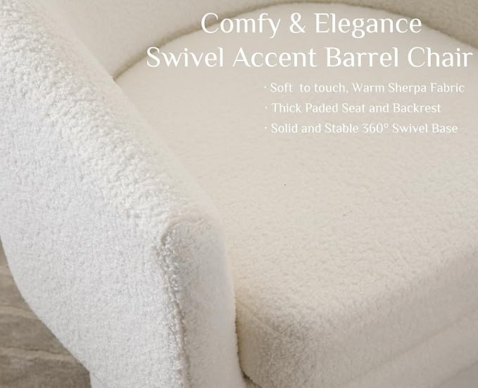 Modern White Swivel Accent Chair Set of 2 Upholstered Sherpa Barrel Chair Boucle Vanity Reading Chair Cozy Round Single Sofa Arm Chair Club Side Chairs for Bedroom/Waiting/Living Room
