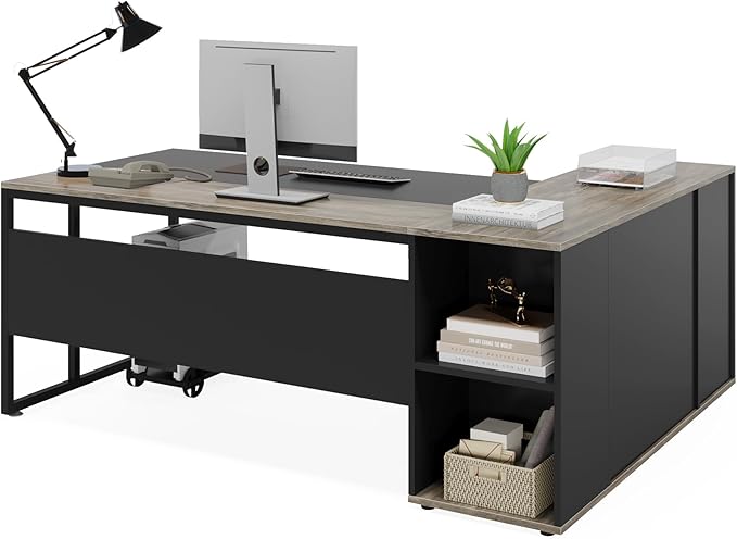 Tribesigns 71 inch Executive Desk L Shaped Desk with Cabinet Storage Executive Office Table with Shelves Business Furniture Set Workstation for Home Office Gray