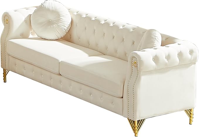 ERYE 82-Inch Button Tufted Sofa Couch with 2 Round Pillows 3 Seat Velvet Tufted Sofa Spacious Chesterfield Loveseat Couches W/Nailhead DecorRing Accent &amp Golden Legs