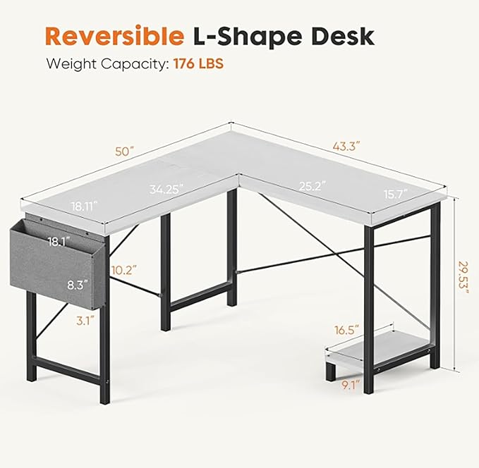 L Shaped DeskCorner Computer Desk Sturdy Metal Frame CPU Stand Side Bag Reversible for Home Office Small Place (White50 Inch)