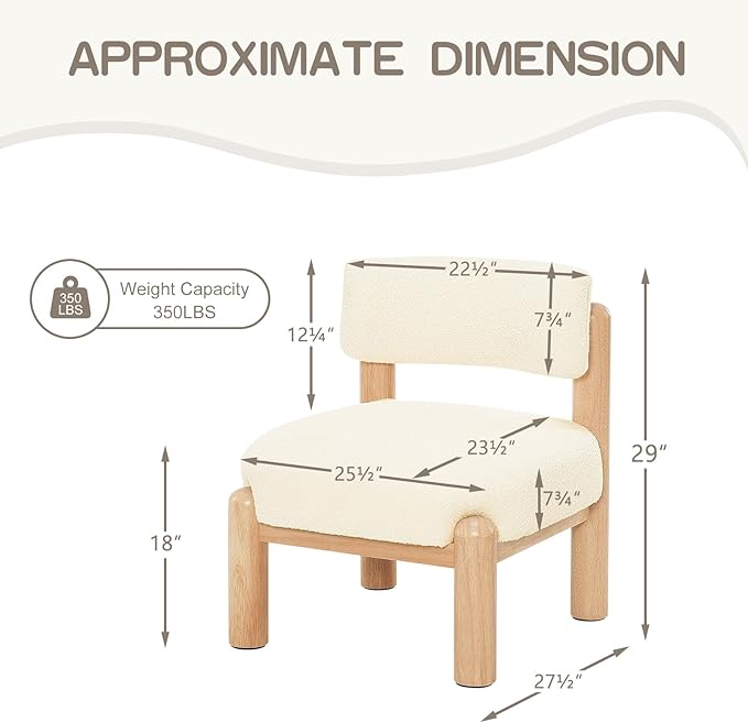 Furniliving Mid Century Accent Chair Armless Upholstered Living Room Chair with Solid Wood Comfy Modern Lounge Chairs for Bedroom Home Office Dining Room Reading Room Beige White