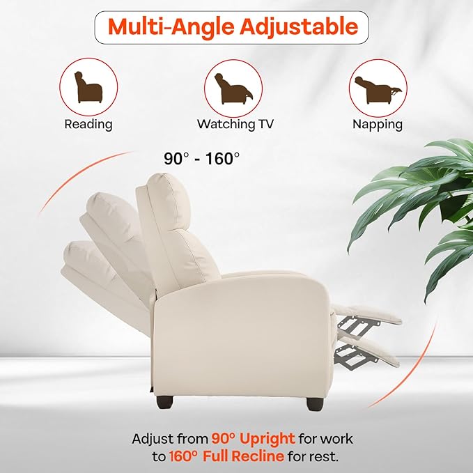Recliner Chair PU Leather Massage Single Sofa Home Theater Seating Breathable Padded Reading Sofa with Footrest for Bedroom Living RoomBeige