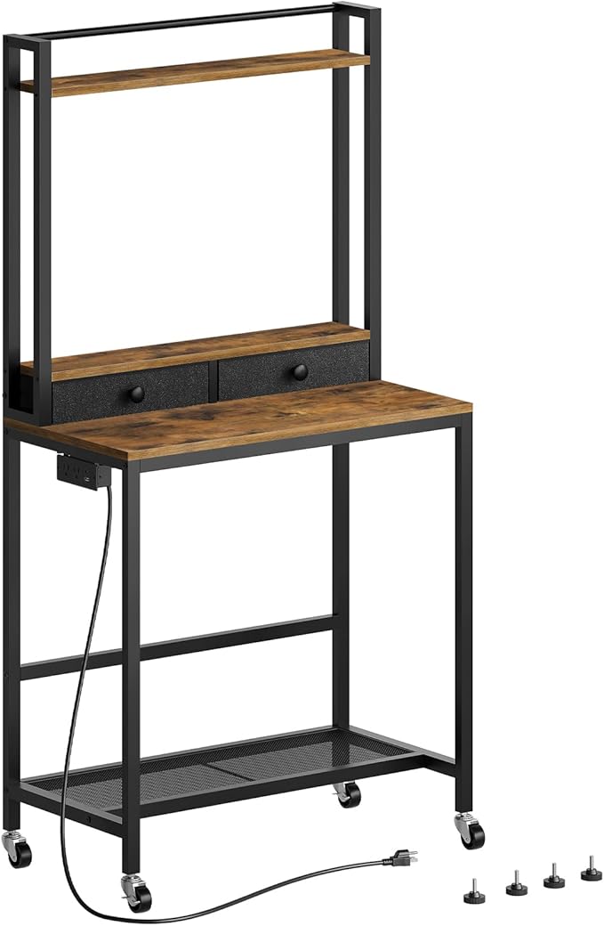 Computer Desk with Hutch and Drawers Home Office Desk with Power Outlets Gaming Desk with Monitor Stand and Wheels for Living Room Home Office Rustic Brown DN02UBR