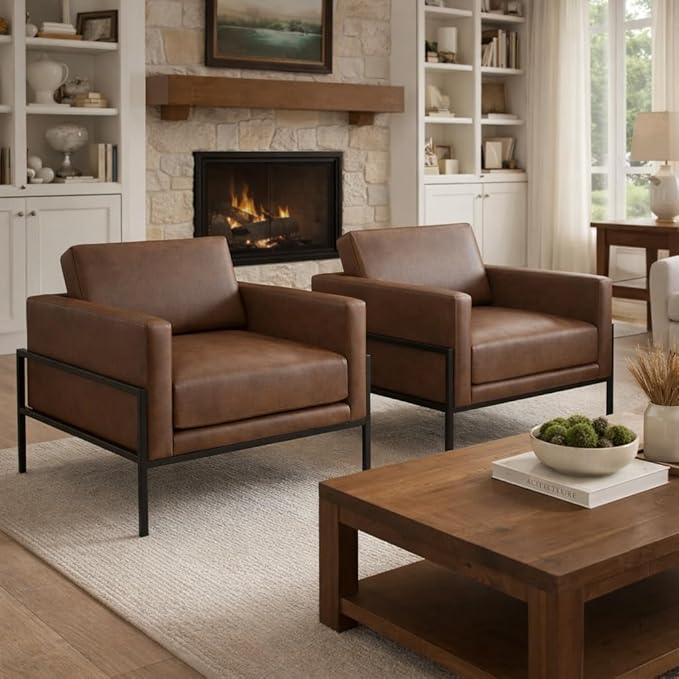 HomePop Modern Metal Frame Accent Chair|Homepop Home Décor|Accent Chairs for Living Room &amp Bedroom - Brown Faux Leather