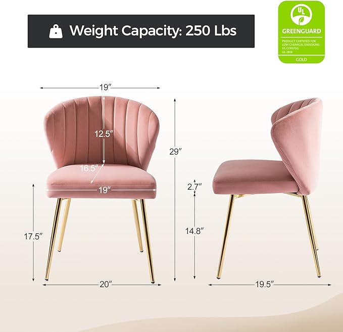 HULALA HOME Dining Chairs Set of 2 Velvet Upholstered Kitchen &amp Dining Room Chairs with Metal Legs Vanity Chair Armless Side Chairs for Living Room Bedroom Restaurant Channel Curved Backrest Pin