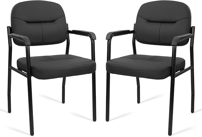 CLATINA Leather Guest Chair Sets of 2 Office Reception Chair No Wheels with Armrests and Lumber Support Ergonomic Desk Armchair for Meeting Waiting Conference Lobby Room Black
