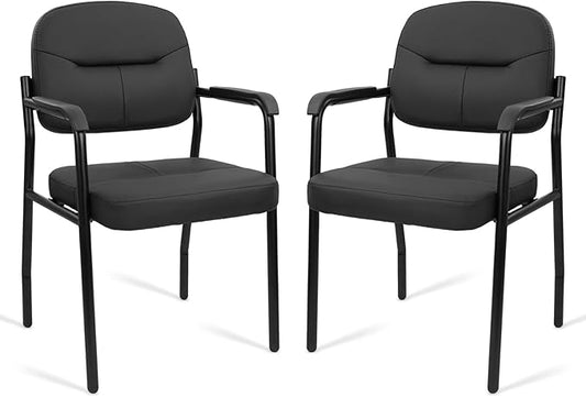 CLATINA Leather Guest Chair Sets of 2 Office Reception Chair No Wheels with Armrests and Lumber Support Ergonomic Desk Armchair for Meeting Waiting Conference Lobby Room Black