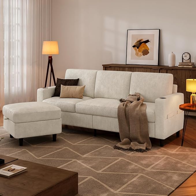 Convertible Sectional Couches for Living Room 3 Seats L Shaped Sofa with Storage Ottoman and 2 Cup Holders Modern Corduroy Couch Small Sofas for Small Space Apartment Office Beige