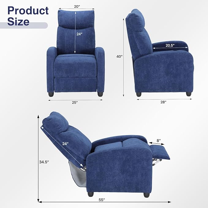 Compact Reclining Chair Linen Upholstered Single Recliner Sofa Chair with Adjustable Backrest &amp Footrest Ideal for Home Living Room Bedroom Office Navy Blue