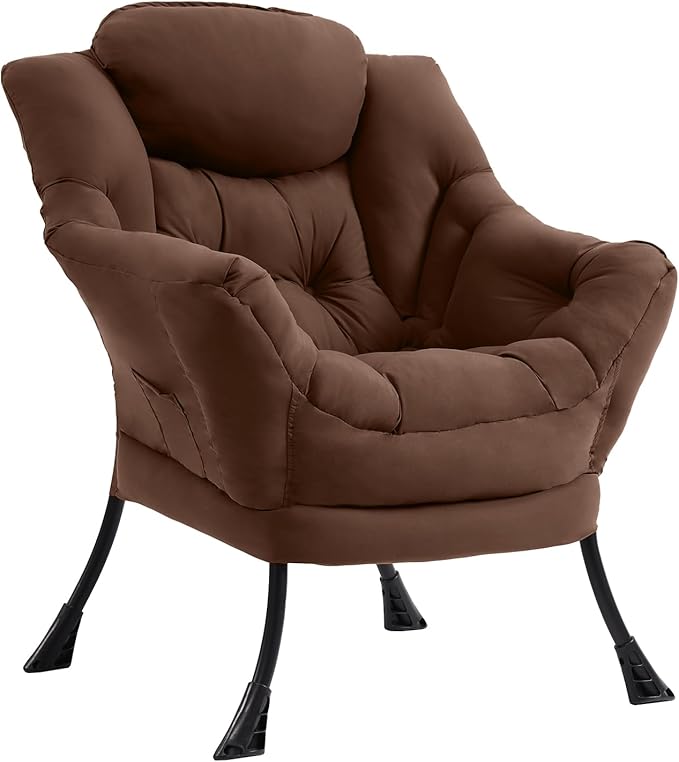 Lazy Chair for Living Room Modern Accent Chairs with Armrests Dark Brown Armchairs with Side Pocket Cozy Lazy Sofa for Reading Balcony Bedroom Dorm Small Spaces