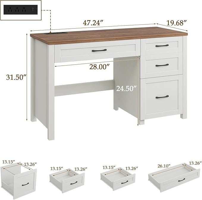 Vabches Farmhouse 47 Executive Desk Computer Desk with File Drawer and Charging Station Workstation for Home Office &amp Study（Off White