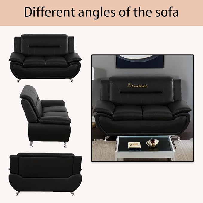 A Ainehome Sectional Sofa Sets Living Room Furniture Sets Modern Faux Leather Sofa Couch 5-Seat Sofa for Living Room(A-Black Sofa+Loveseat)