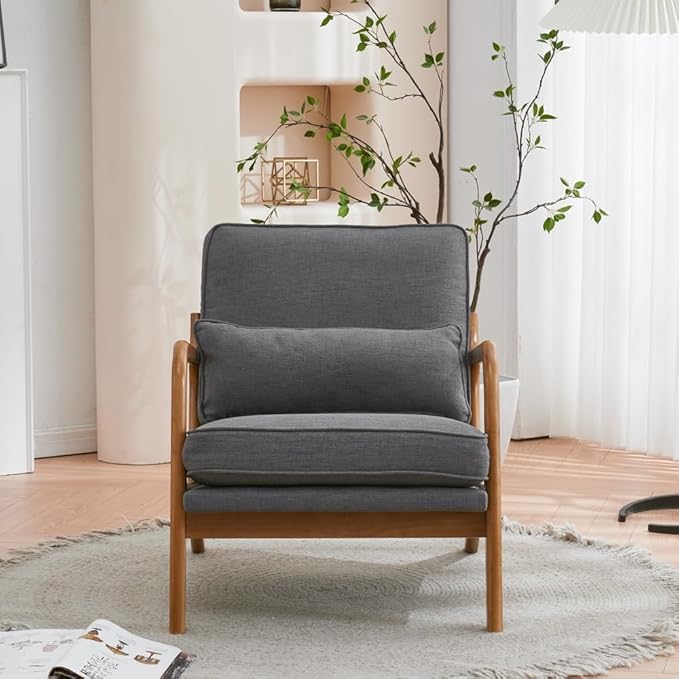 Accent Chair with Lumbar PillowUpholstered Armchair with Solid Wood FrameLinen Fabric Reading Chair with Oak ArmrestLounge Chair for Living Room Bedroom Apartment