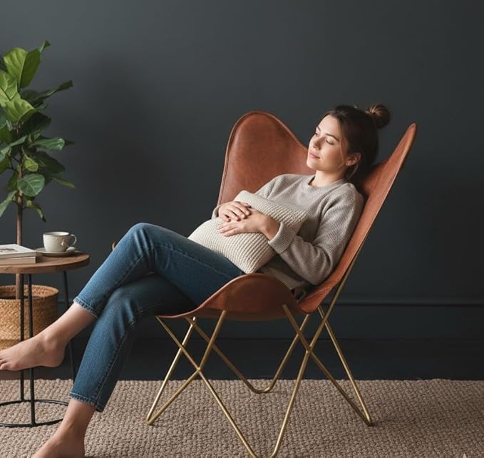 Shy Shy Let’s Touch The Sky Leather Living Room Chairs-Butterfly Chair Brown Leather Butterfly Chair-Handmade with Powder Coated Iron Frame (Cover with Folding Frame) (Golden Frame)