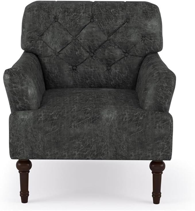Bowery Hill Leith Faux Leather Tufted Accent Chair Gray Finish Wood Frame 32W x 30.5D x 35H Button Tufted Back Piping Line Details Transitional Style Chair for Living Room or Master Bedroom