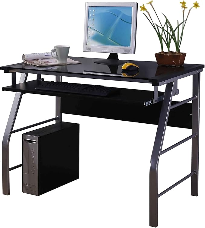 KB Designs - Silver Metal/Black Glass Home Office Computer Desk