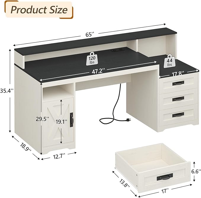 TVU Farmhouse Computer Desk with Drawers 65'' Home Office Desk with Power Outlets Storage Cabinet and Printer Stand Study Writing Desks with Long Monitor Stand Black and White