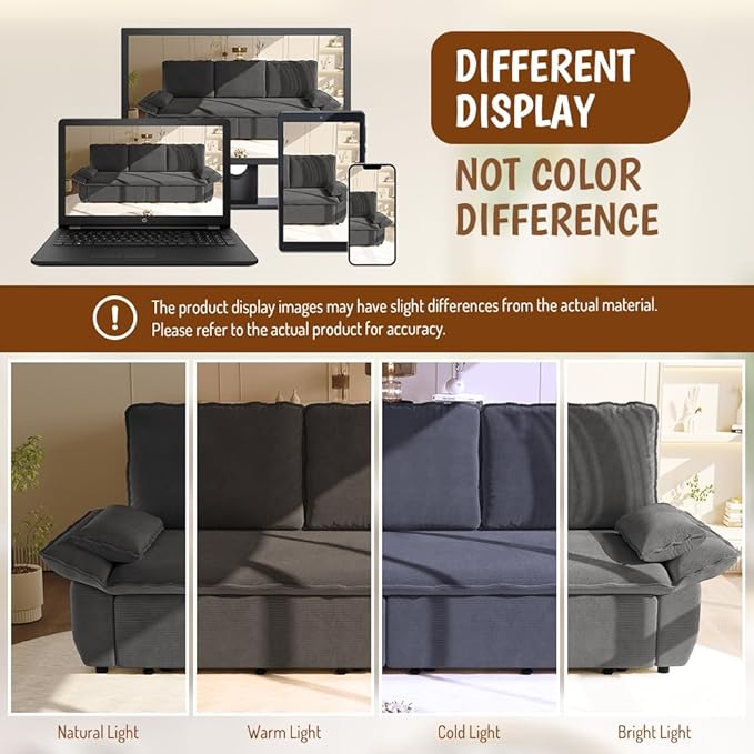 94.5‘’ King Size Sleeper Sofa Bed 3-in-1 Corduroy 3-Seater Sofabed Pull-Out Couch Upholstered Cloud Pullout Futon Space Saving for Living Room Gray