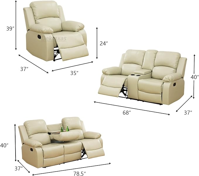 2 Seater Recliner Loveseat Manual Recliner Vegan Leather Reclining Sofa with Cup Holders &amp Middle Storage Console for Home Theater/Office/RV (Beige Loveseat)
