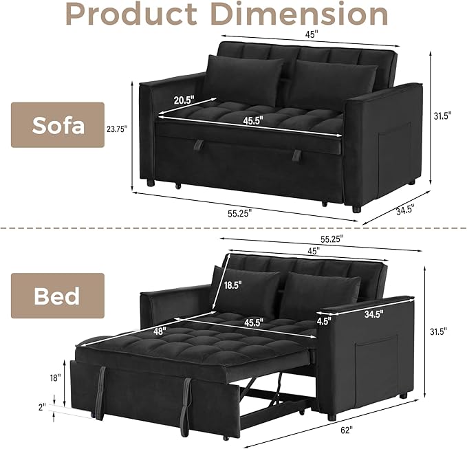 ANJ 3 in 1 Convertible Sofa Bed Pull Out Futon Loveseat Sleeper Sofa Couch with Adjustable Backrest Storage Pockets 2 Pillows for Living Room Bedroom