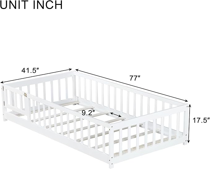 Twin Floor Bed with Slats Fence and Door Twin Size Montessori Floor Bed for Kids Girls Boys Easy Assemble Montessori Bed Frame(Twin White)
